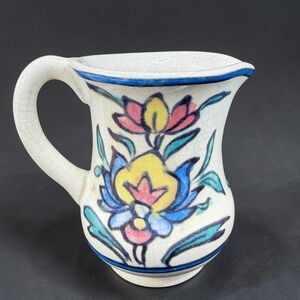 Pottery Barn Floral Iznik Ceramic Pitcher Hand Painted Crackle Glaze‎ Creamer